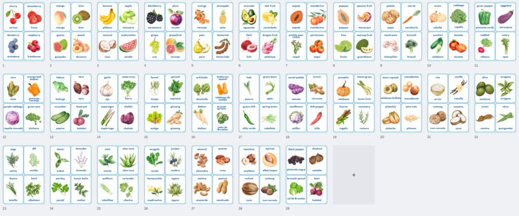 collection of flashcards with fruit and veg in Spanish and English