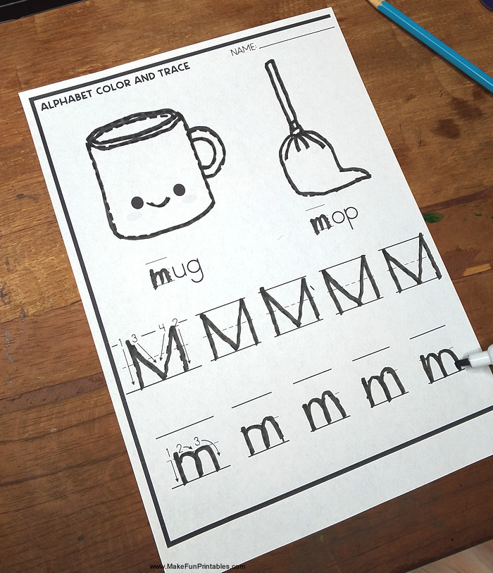 Preschool alphabet activity page with directional tracing arrows and simple image outlines for coloring and letter recognition
