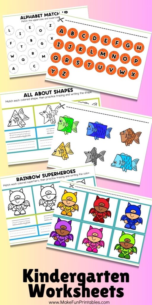 Shape and color sorting worksheet designed for preschool and kindergarten fine motor practice.