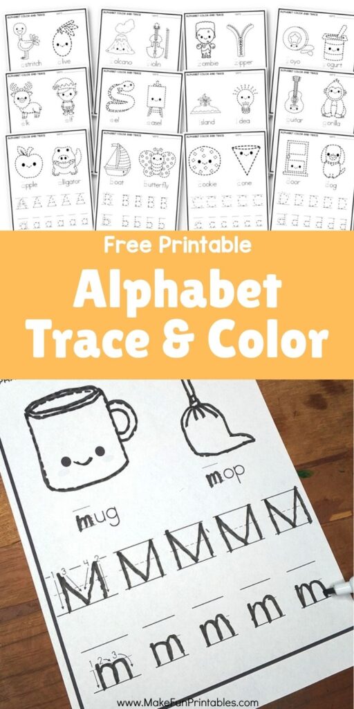 Printable alphabet worksheet for preschoolers featuring letter tracing and two images to color that start with the featured letter.