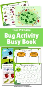 Preschooler matching colorful bugs in a printable busy book activity