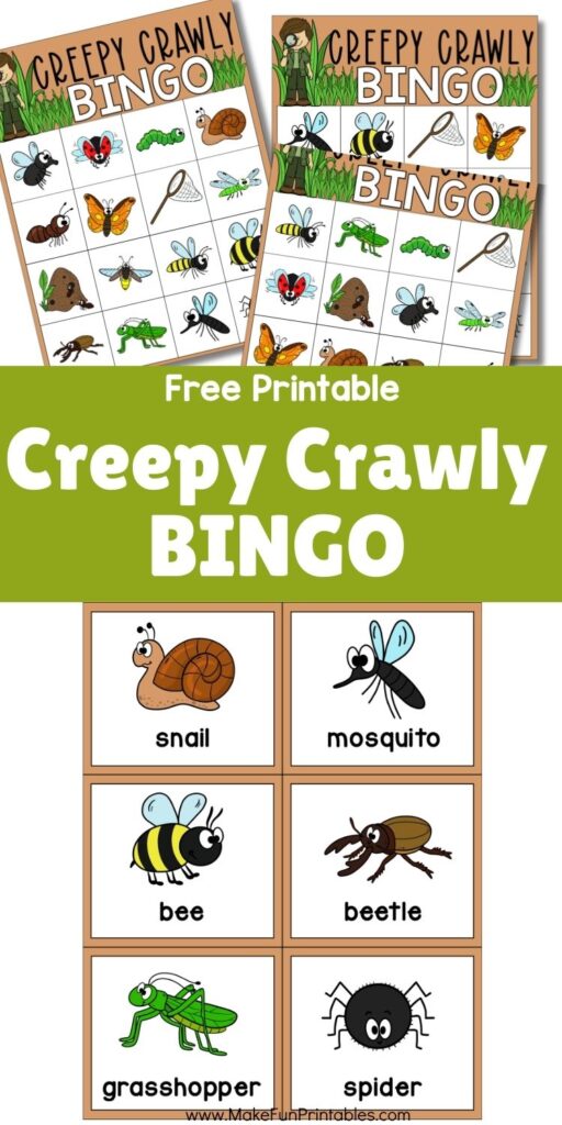 Creepy Crawly Bingo game board with colorful bug illustrations for kids to match and play.