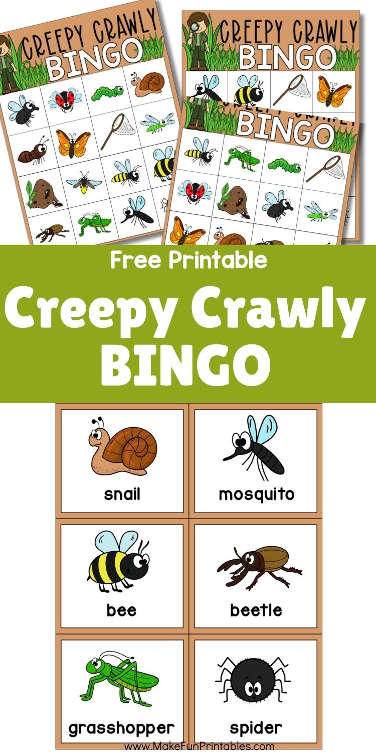 Creepy Crawly Bingo game board with colorful bug illustrations for kids to match and play.