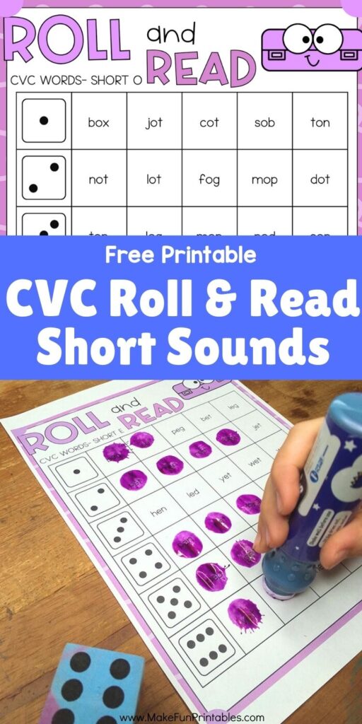 CVC Roll and Read printable cover page – A colorful title page featuring dice and short vowel CVC word strips for early readers.