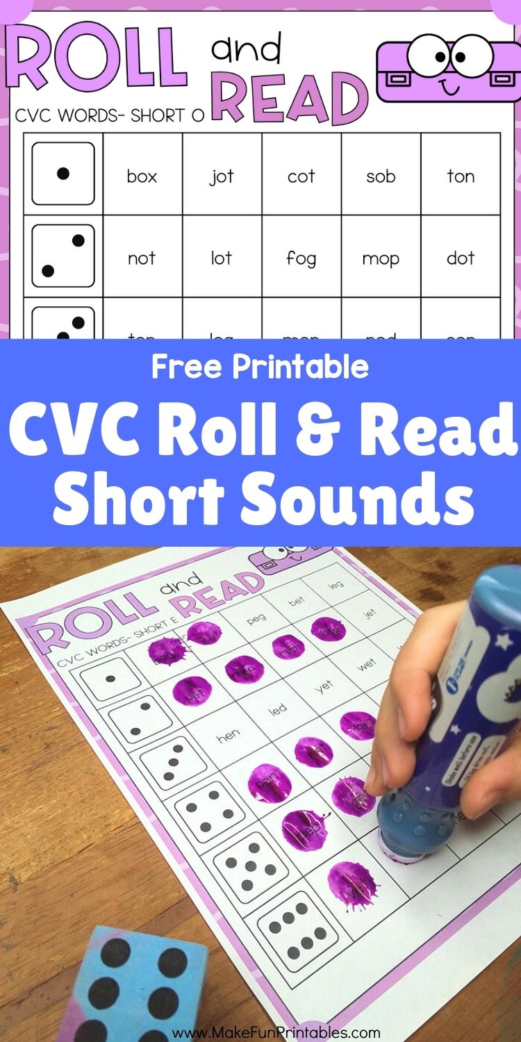 CVC Roll and Read printable cover page – A colorful title page featuring dice and short vowel CVC word strips for early readers.
