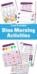 Dinosaur-themed morning worksheet with tracing and ABC activities for preschoolers