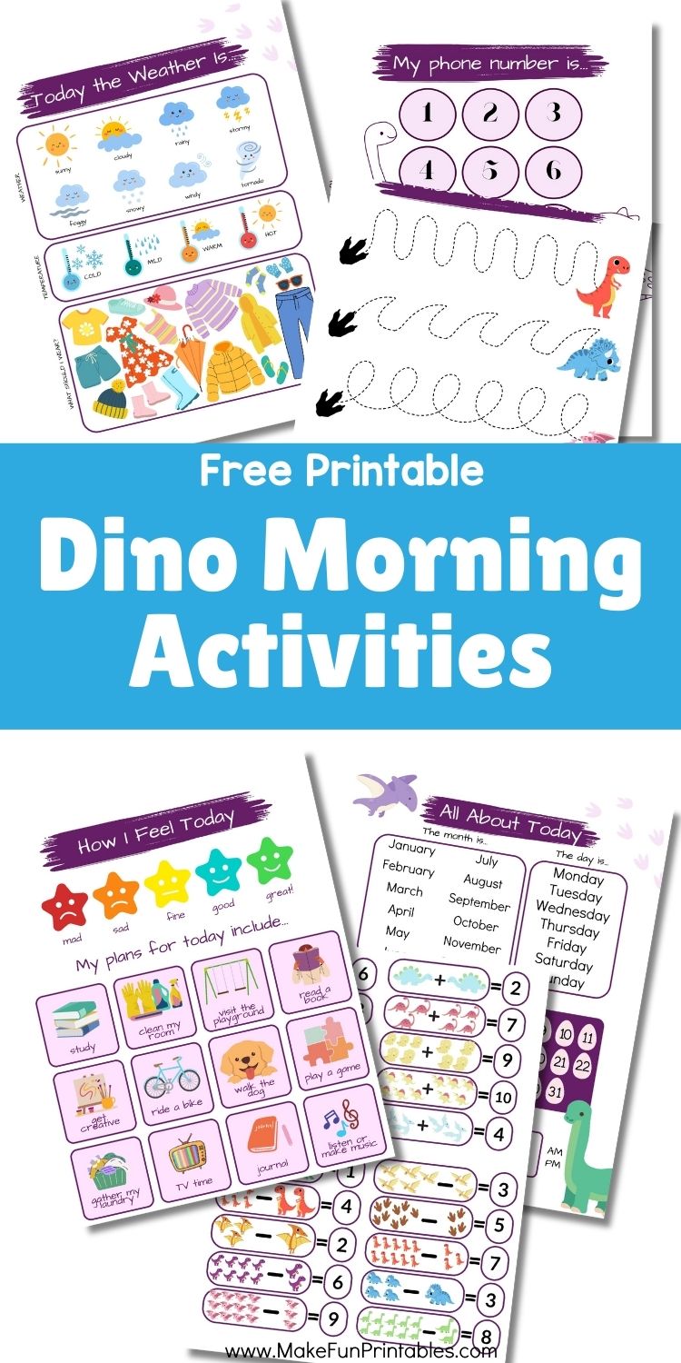 Dinosaur-themed morning worksheet with tracing and ABC activities for preschoolers
