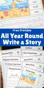 Printable story writing prompts designed for kindergarten students to spark imagination and early writing skills.