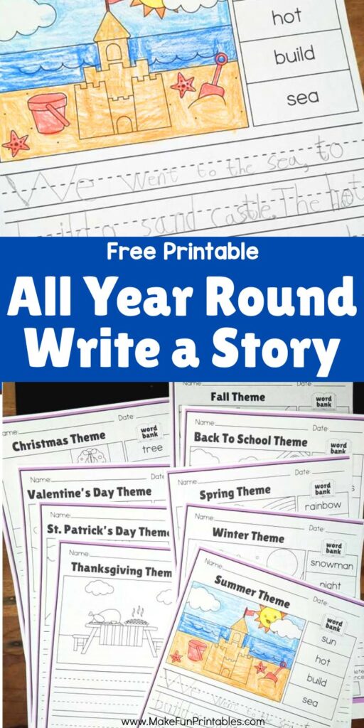 Printable story writing prompts designed for kindergarten students to spark imagination and early writing skills.