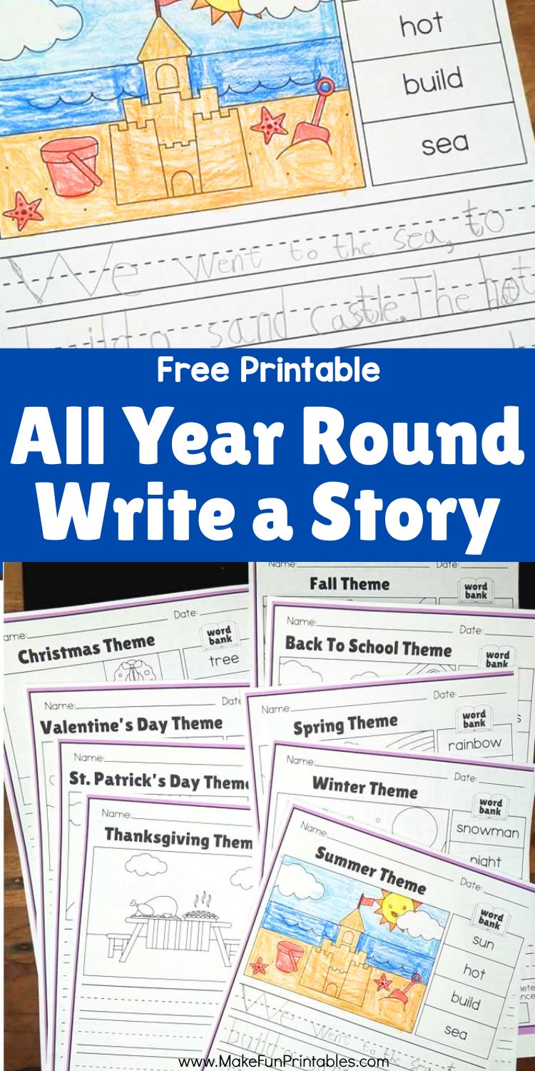 Printable story writing prompts designed for kindergarten students to spark imagination and early writing skills.