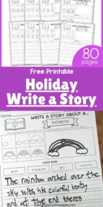 Step-by-step drawing worksheet for kids to create a festive wreath and write a story using holiday vocabulary.
