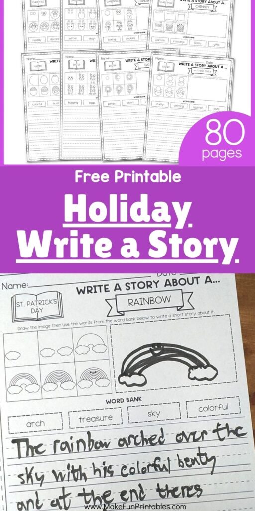 Step-by-step drawing worksheet for kids to create a festive wreath and write a story using holiday vocabulary.