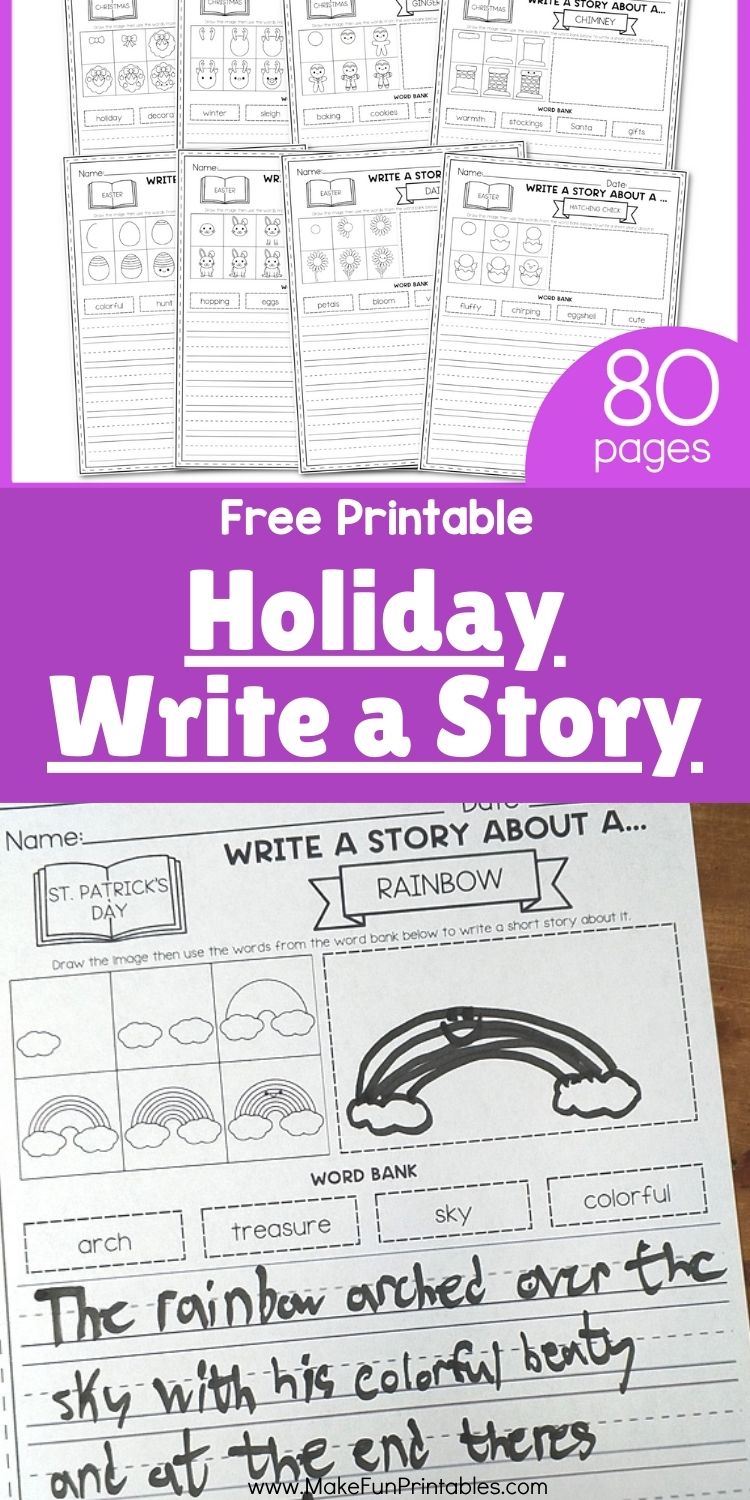 Step-by-step drawing worksheet for kids to create a festive wreath and write a story using holiday vocabulary.