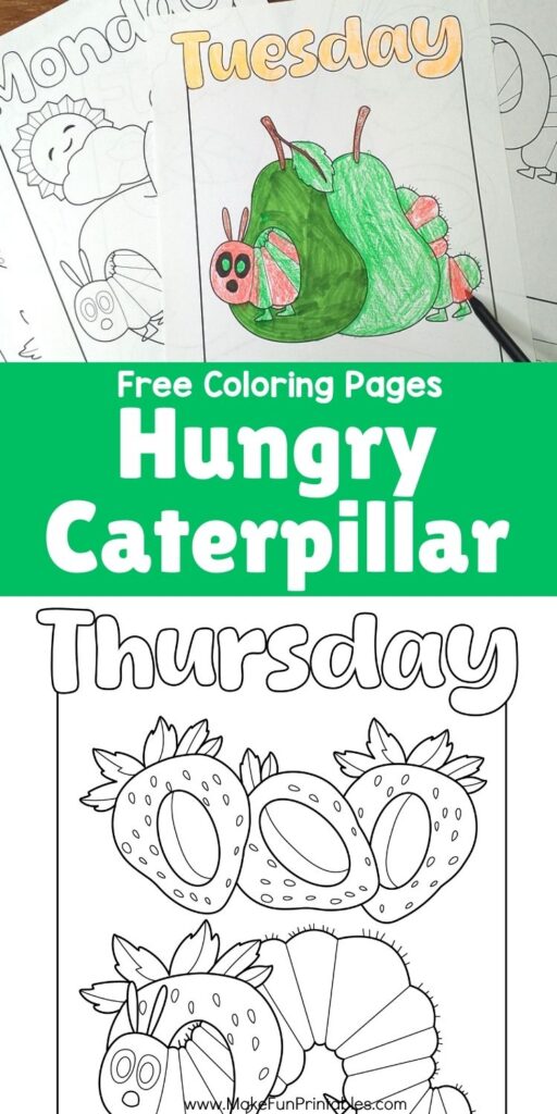 Printable days of the week coloring pack with food-themed pages inspired by the Hungry Caterpillar for preschool learning.