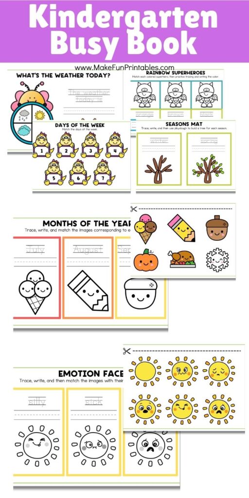 Kindergarten counting and number word matching activity page with colorful cut-and-paste pieces.