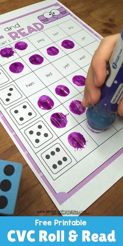Kindergarten-friendly roll and read CVC game – Simple literacy worksheet for practicing short vowel words in a fun dice-based format.