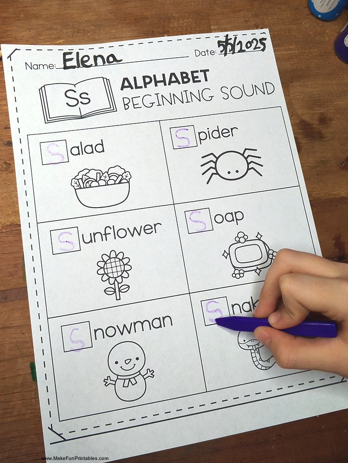 Beginning sounds worksheet where kids fill in missing letters and color matching pictures.
