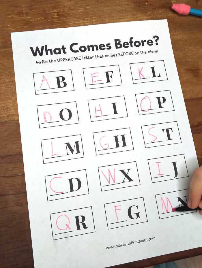 Alphabet activity page asking children to identify what letter comes before, designed for early learners