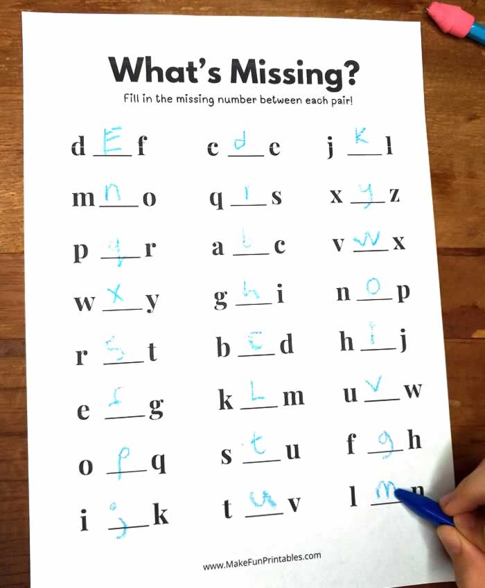 Fun alphabet worksheet where kids fill in the missing letters to complete the sequence