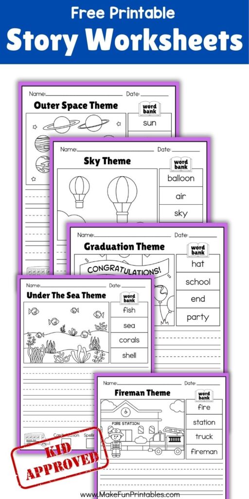 Preschool student coloring a camping scene on a story writing worksheet.