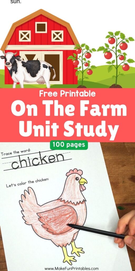 Farm unit study printable worksheets for preschool and kindergarten with hands-on learning activities about animals, crops, and farm life.