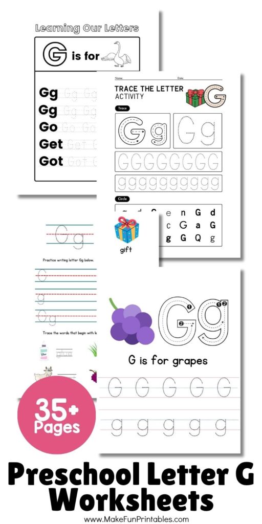 Handwriting practice sheet for tracing and writing the letter G