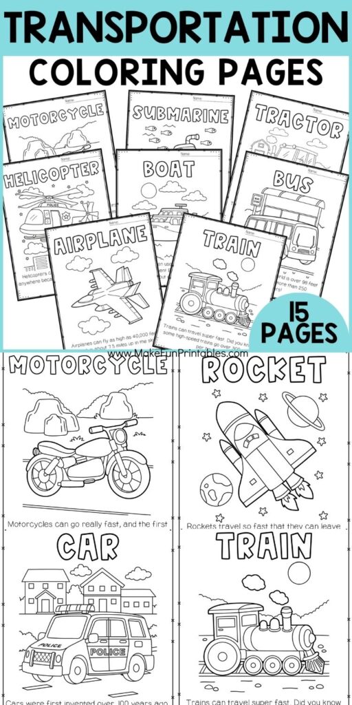 Set of transportation-themed coloring sheets featuring fun facts for early learners.