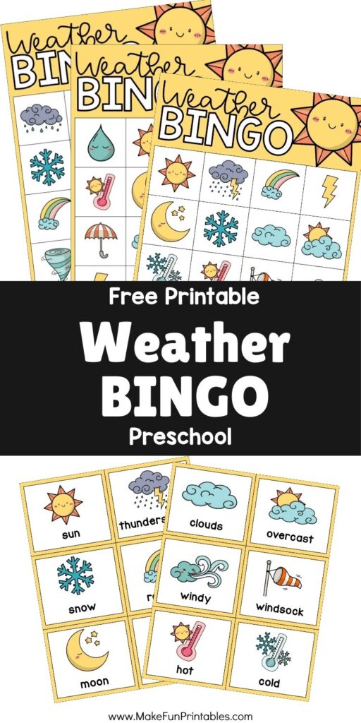 Printable preschool weather activity showing bingo cards and matching weather images.