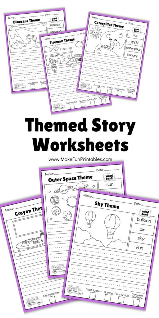 Collection of story writing worksheets with different themes like graduation, sea life, and crayons.