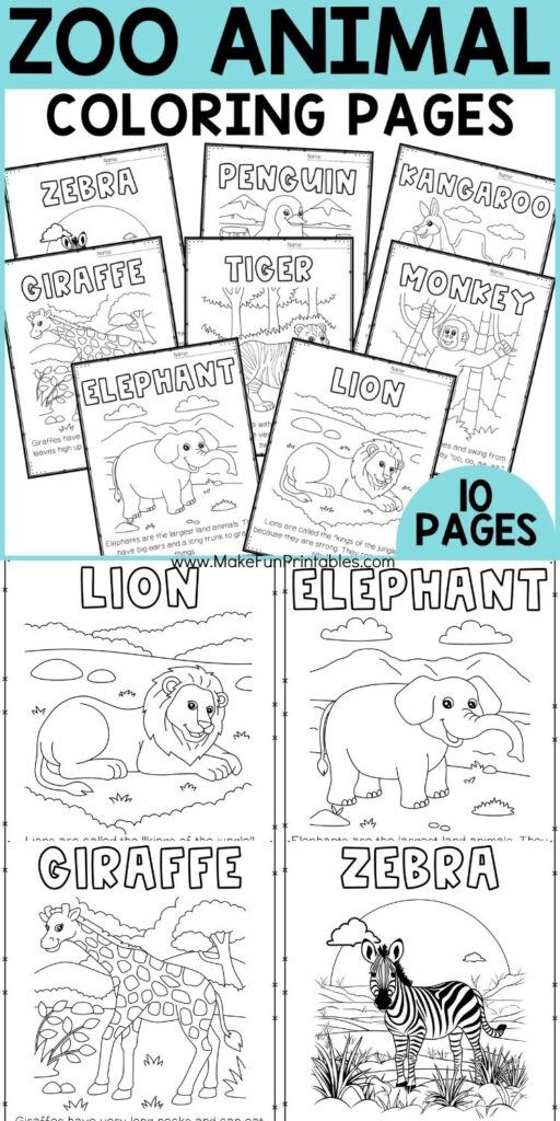 Set of free zoo animal coloring sheets including lion, elephant, panda, and more.