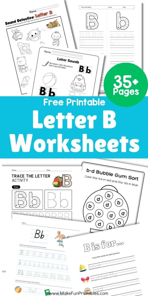 Child tracing uppercase and lowercase letter B on a printable worksheet