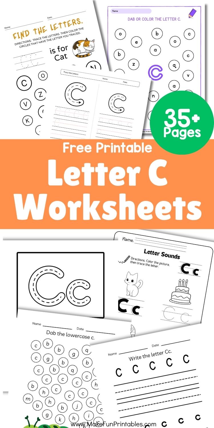 Printable letter C worksheets for preschoolers featuring tracing, coloring, and handwriting practice.