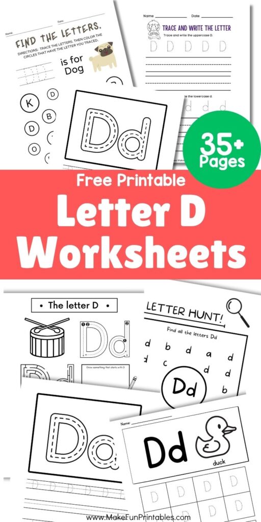 Printable letter D worksheets for preschoolers featuring tracing, coloring, and cut-and-paste activities