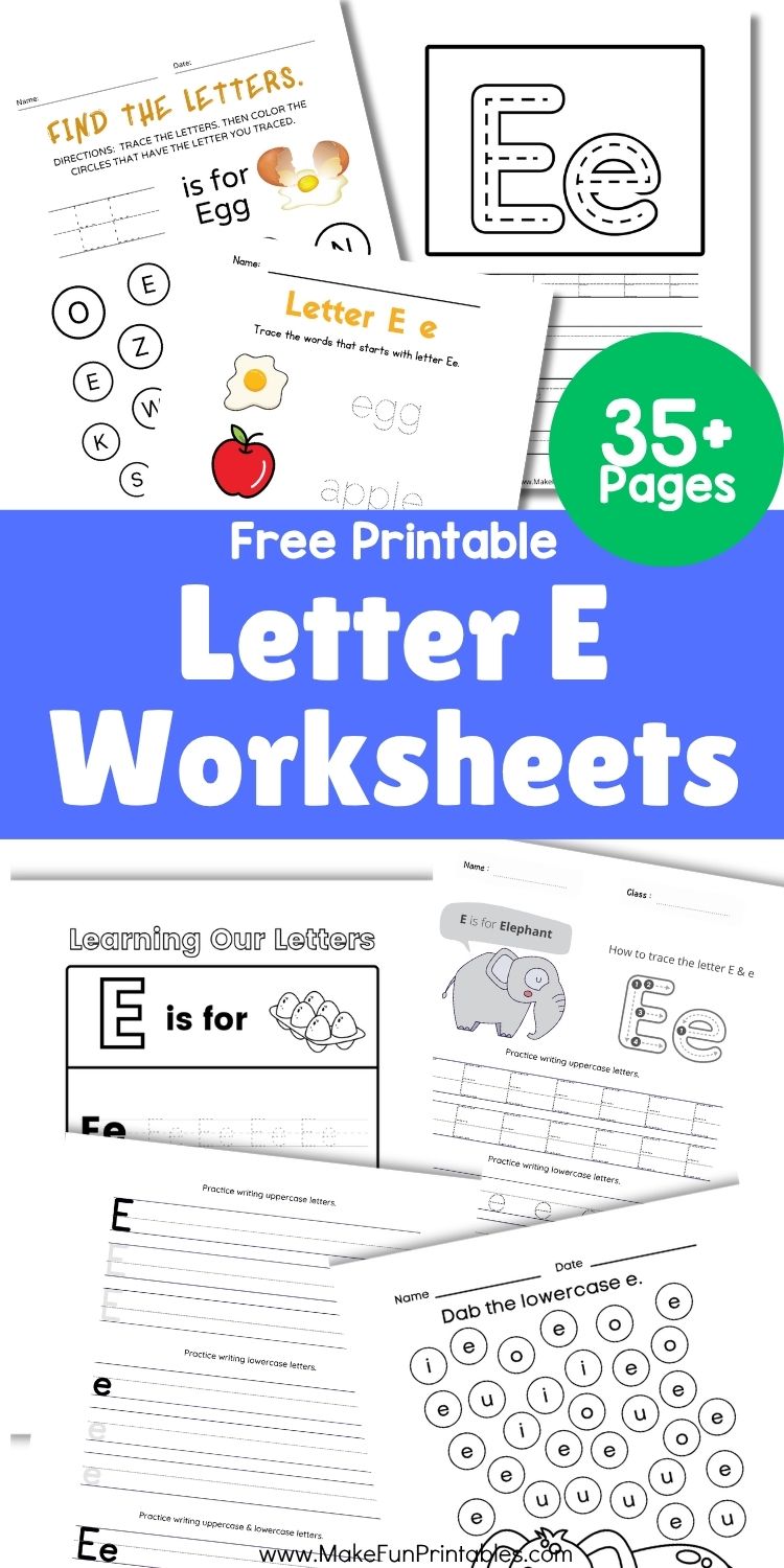 Preschool worksheet with uppercase and lowercase letter E tracing activities.