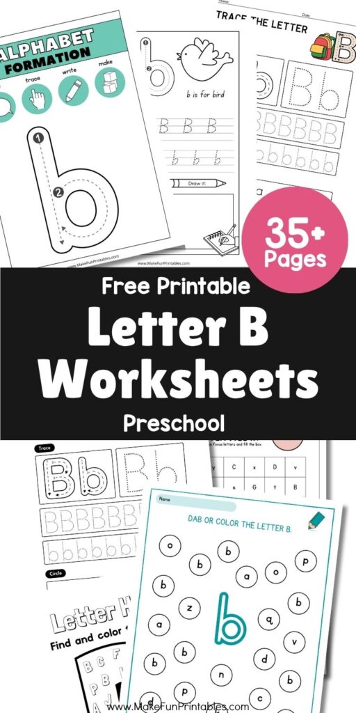 Printable letter B coloring page with pictures like bear and ball