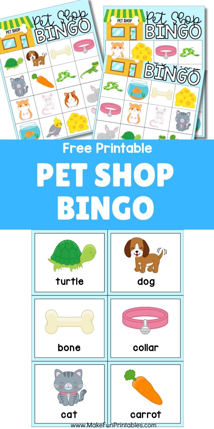 Free printable bingo game featuring pet shop animals and matching calling cards.