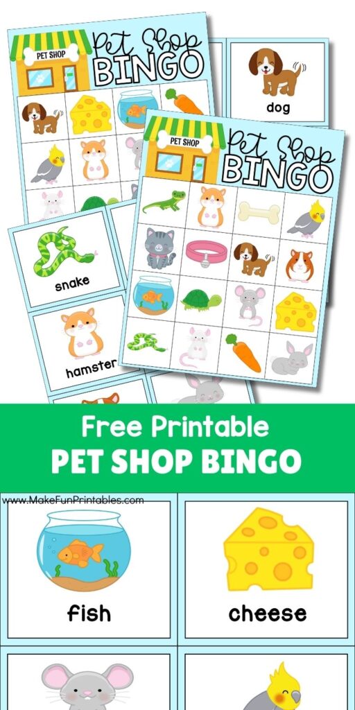Pet Shop Bingo printable game for preschoolers with colorful animal-themed bingo cards.