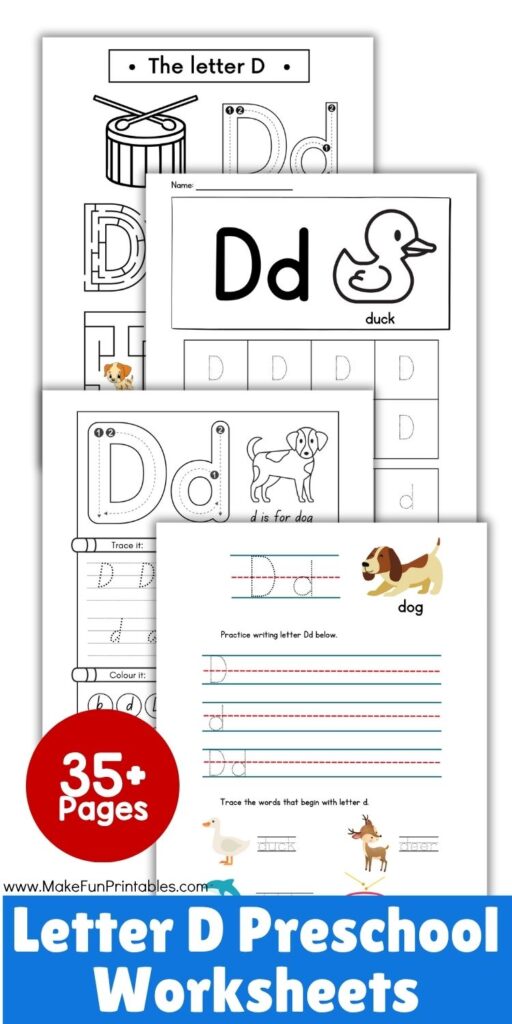 No-prep preschool worksheet pack for the letter D with handwriting, phonics, and early literacy activities