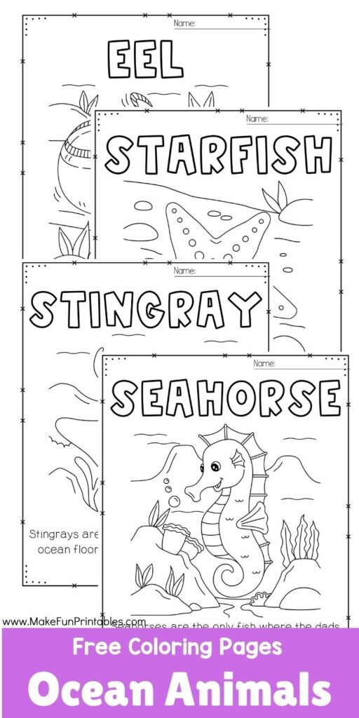Set of ocean animal coloring sheets spread out on a table with colored pencils.