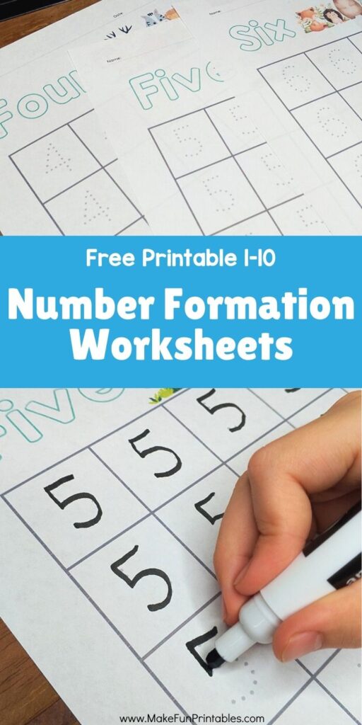 Child tracing numbers on a colorful preschool worksheet using a pencil.