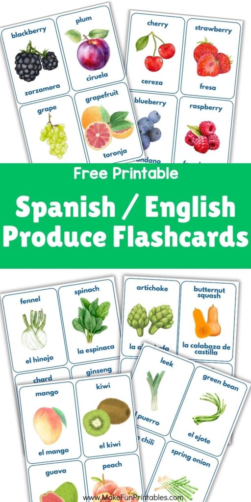 Printable Spanish-English fruit and vegetable flashcards for kids