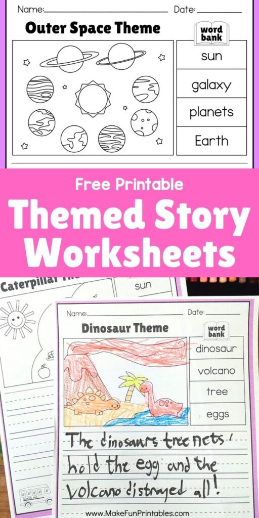 Printable themed story writing worksheet with word bank and dinosaur illustration for preschoolers.