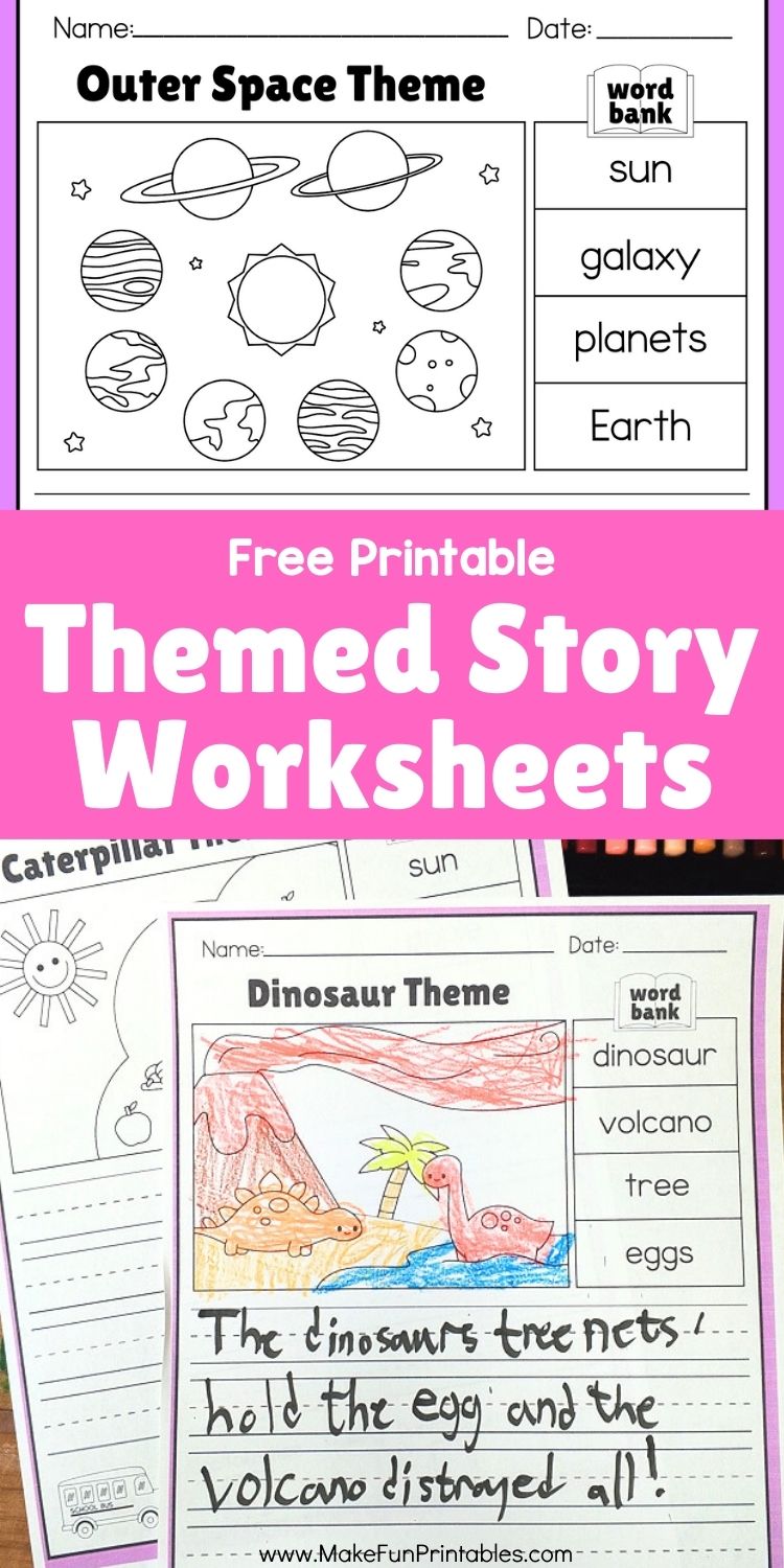Printable themed story writing worksheet with word bank and dinosaur illustration for preschoolers.