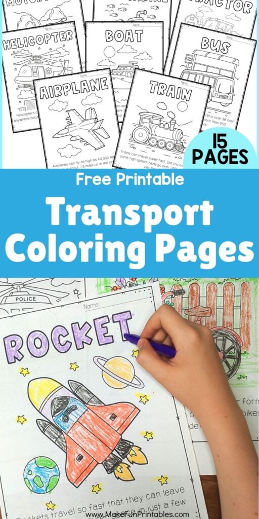Printable transportation coloring pages for preschool with cars, trains, and airplanes