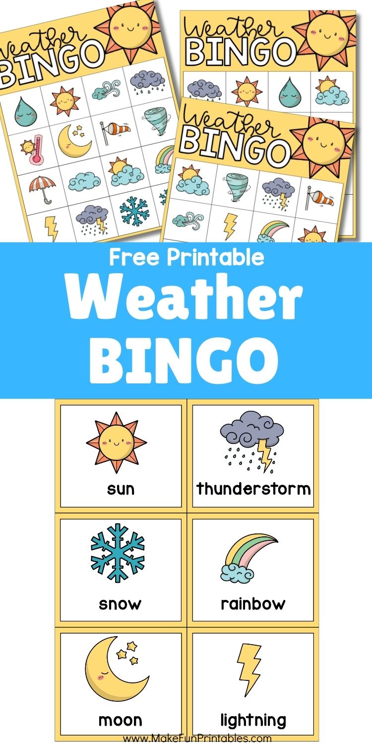 Printable Weather Bingo game with colorful icons for preschool learning.