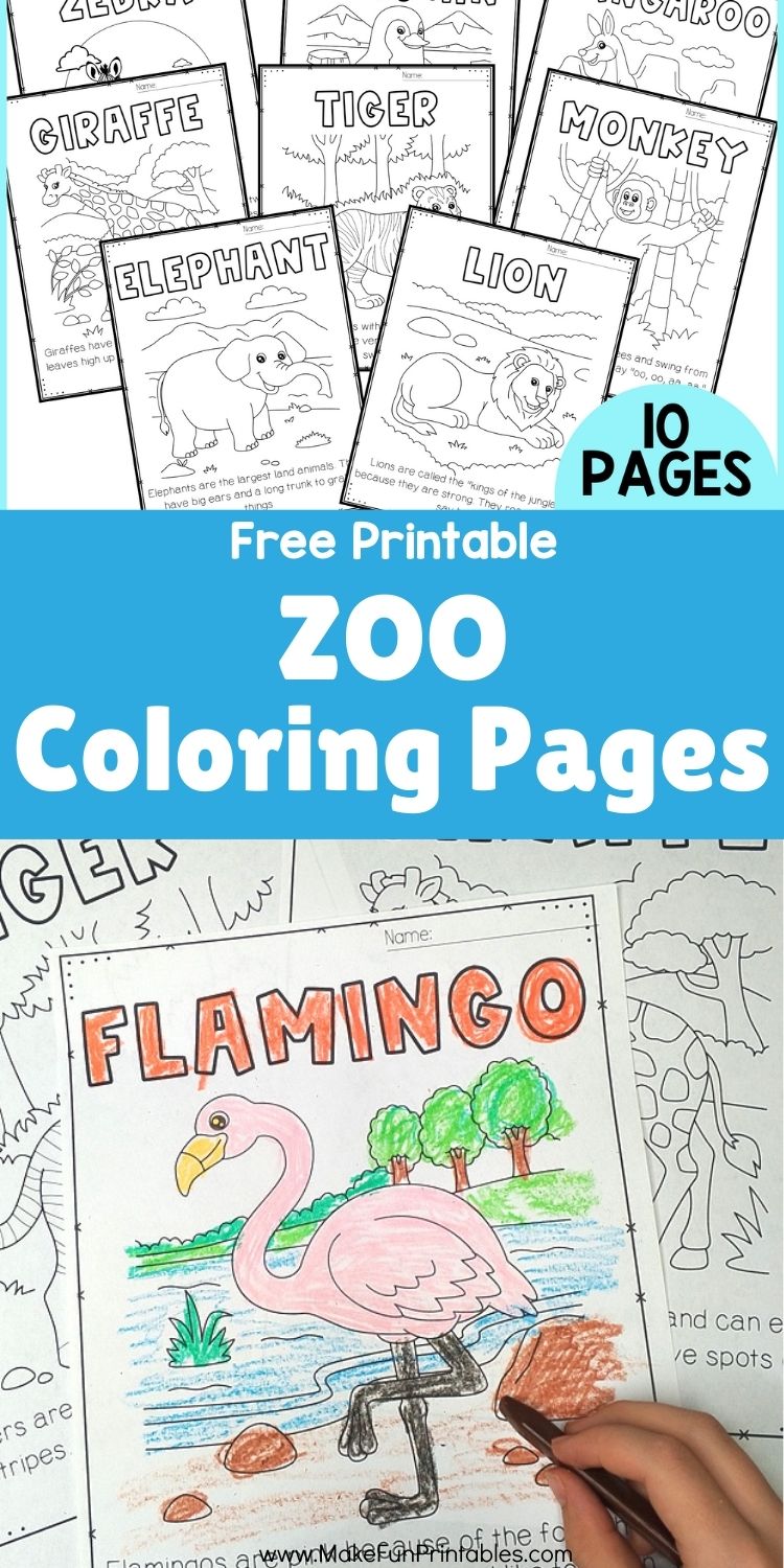 Printable zoo animal coloring pages for preschool featuring simple drawings and fun facts.