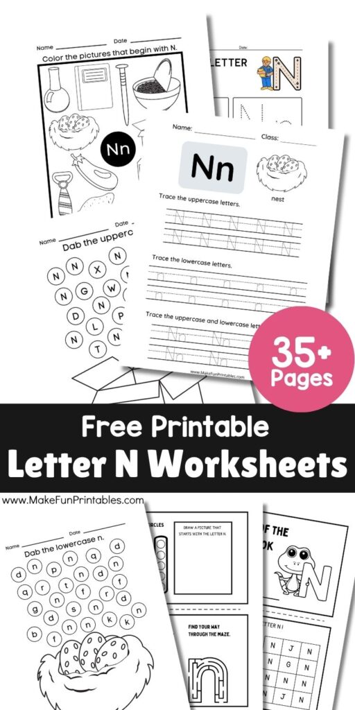 Preschool alphabet worksheets for tracing uppercase and lowercase Letter N, practicing handwriting, and recognizing beginning sounds.