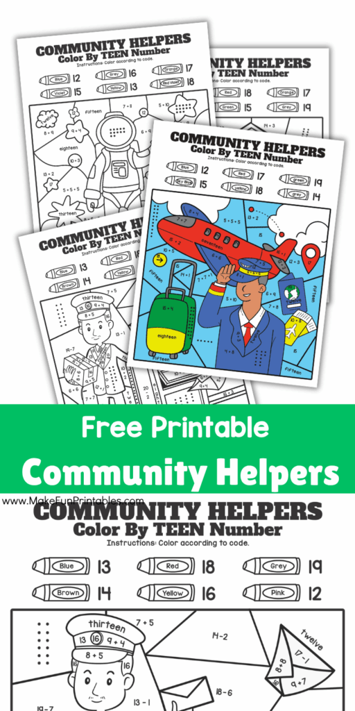 firefighter on a community helpers worksheet using teen number equations for color matching.