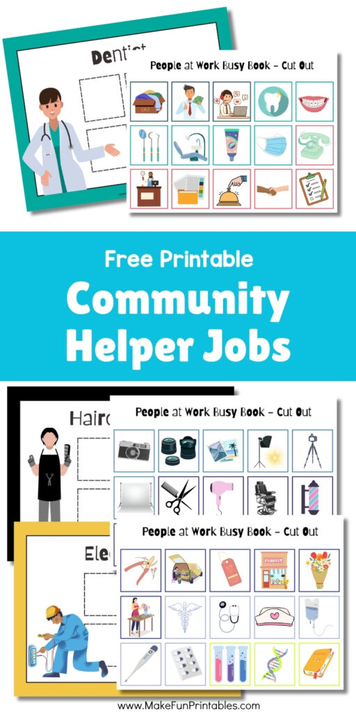 Community helper printable activity with cut-and-paste pieces for learning about people at work.