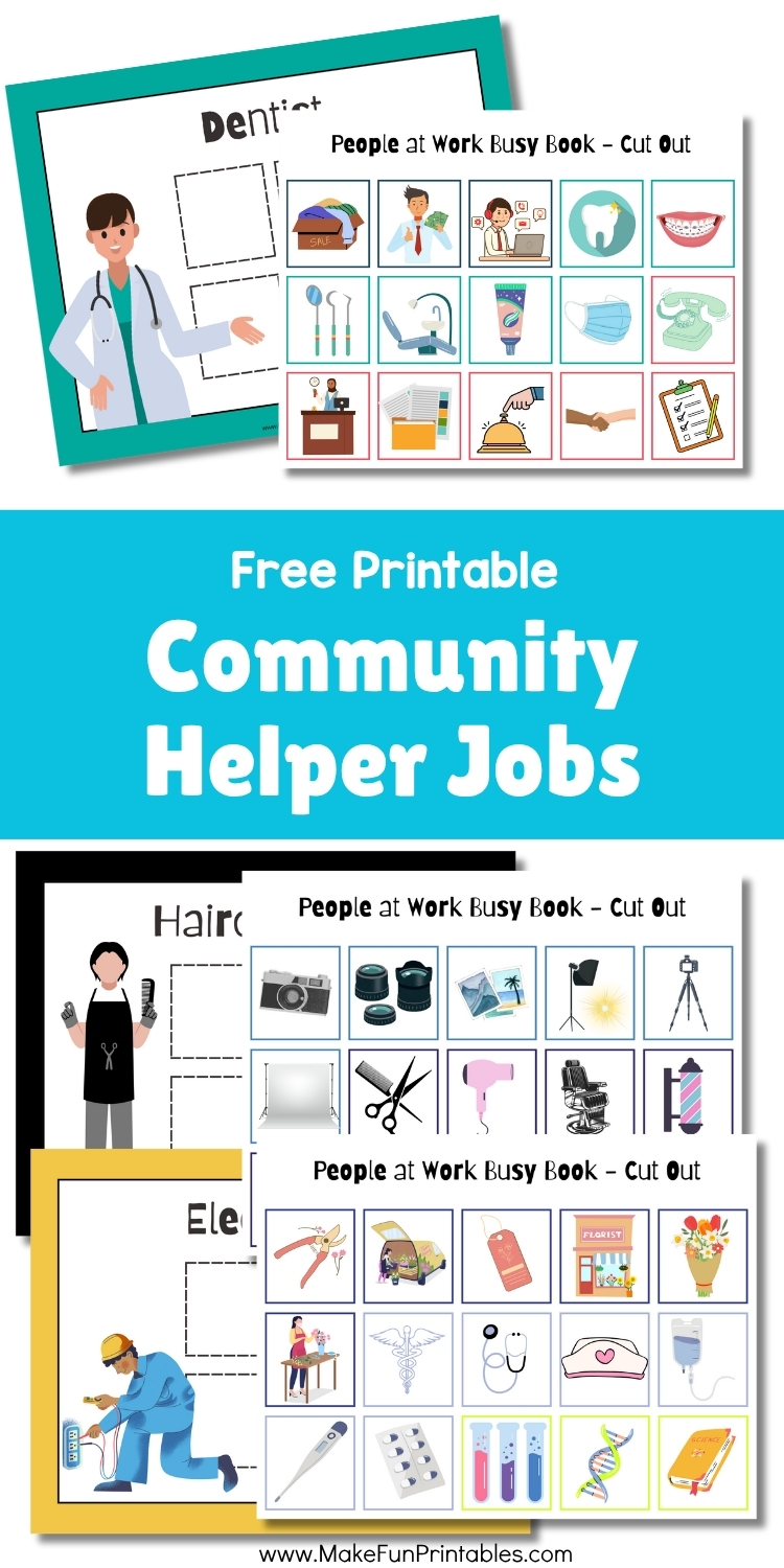 Community helper printable activity with cut-and-paste pieces for learning about people at work.